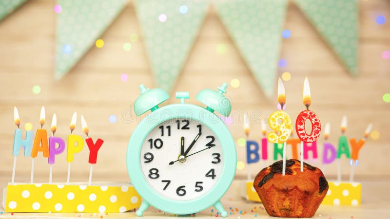 Happy birthday greeting card with muffin pie and retro clock on clock hands new birth. Beautiful background with decorations festive happy birthday decoration with number 90. Happy birthday greeting card with muffin pie and retro clock on clock hands new birth. Beautiful background with decorations festive happy birthday decoration with number 90