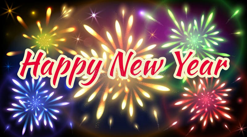 Tarjeta de felicitación de la Feliz Año Nuevo con los fuegos artificiales coloridos libre illustration Tarjeta de felicitación de la Feliz Año Nuevo con los fuegos artificiales coloridos libre illustration