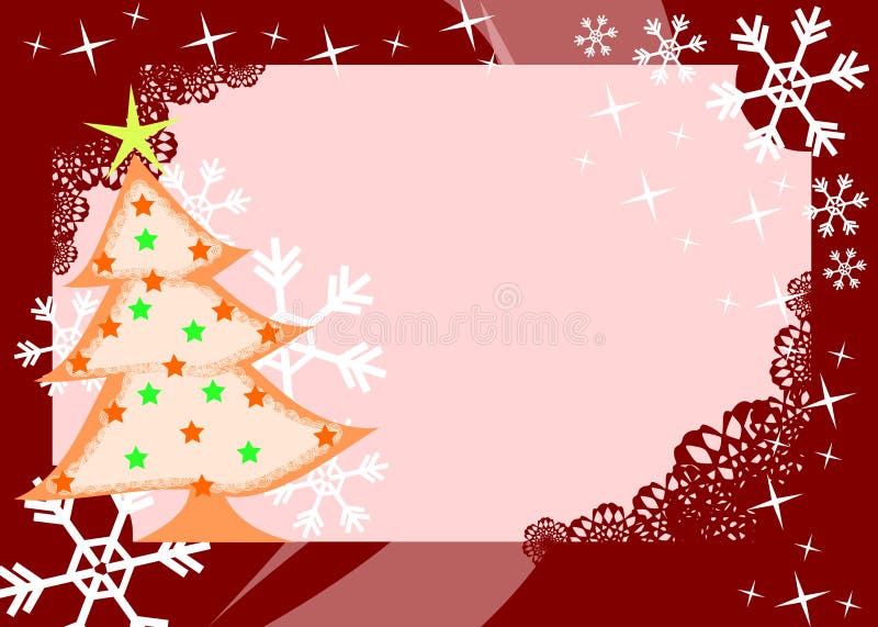 Tarjeta de Navidad con árbol de Navidad artístico y copos de nieve, en tonos rojos ilustración del vector