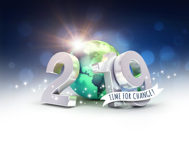 Tarjeta de felicitación ecológica - número de fecha del Año Nuevo 2019 compuesto con una tierra verde del planeta, centrada en Am stock de ilustración Tarjeta de felicitación ecológica - número de fecha del Año Nuevo 2019 compuesto con una tierra verde del planeta, centrada en Am stock de ilustración
