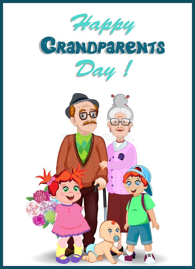 Tarjeta de felicitación feliz del día de los abuelos Pares y nietos mayores de la historieta junto stock de ilustración Tarjeta de felicitación feliz del día de los abuelos Pares y nietos mayores de la historieta junto stock de ilustración
