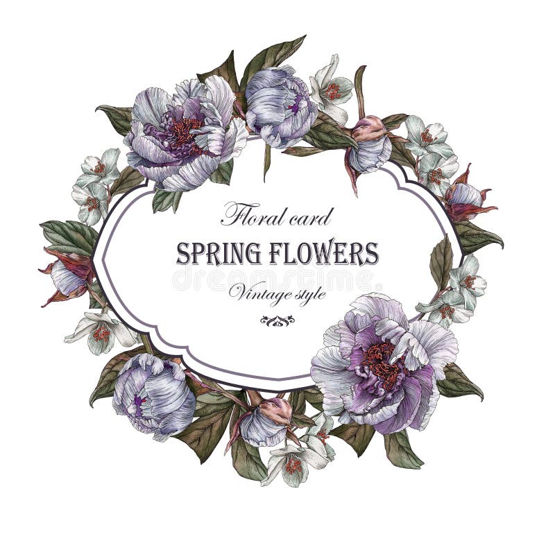 Tarjeta de felicitación floral con el marco de peonías y del jazmín ilustración del vector Tarjeta de felicitación floral con el marco de peonías y del jazmín ilustración del vector
