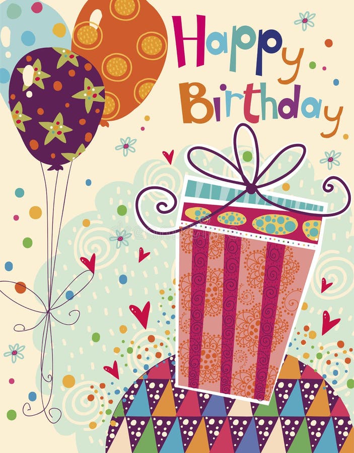 Tarjeta de felicitación hermosa del feliz cumpleaños con el regalo y los globos en colores brillantes Vector dulce de la historie