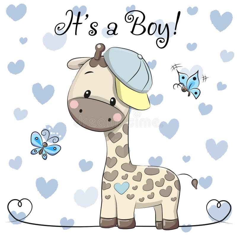 Tarjeta de felicitación de la fiesta de bienvenida al bebé con el muchacho lindo de la jirafa