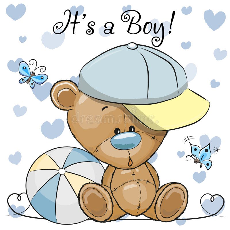 Tarjeta de felicitación de la fiesta de bienvenida al bebé con el muchacho lindo de Teddy Bear
