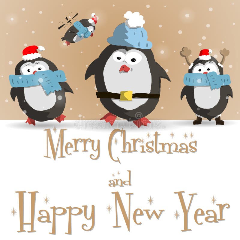 Tarjeta de felicitación marrón de los pingüinos del Año Nuevo stock de ilustración Tarjeta de felicitación marrón de los pingüinos del Año Nuevo stock de ilustración