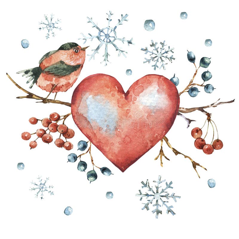 Tarjeta de felicitación natural de la acuarela del invierno con el corazón rojo, pájaro stock de ilustración Tarjeta de felicitación natural de la acuarela del invierno con el corazón rojo, pájaro stock de ilustración