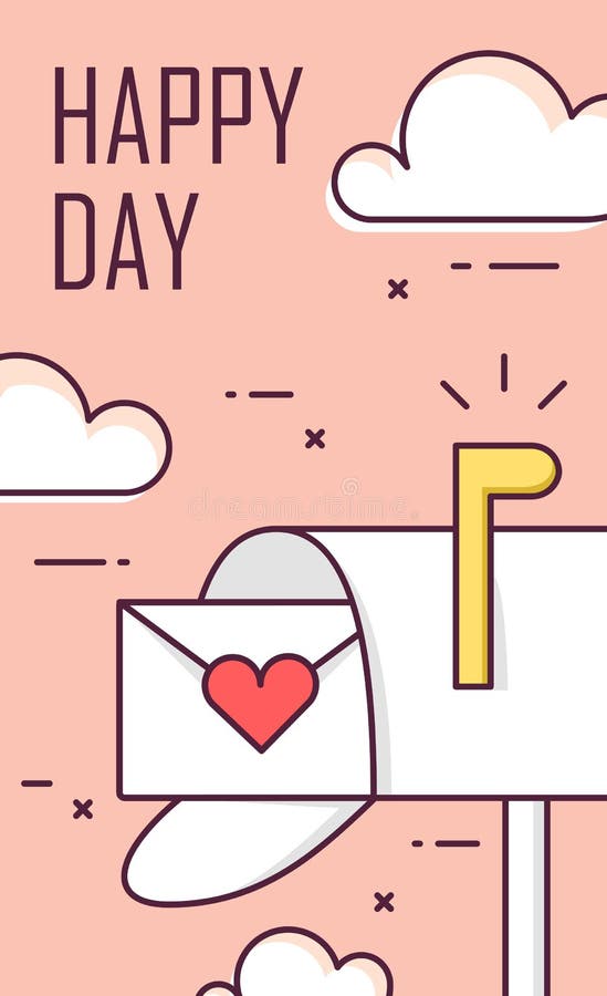 Tarjeta de felicitación para el día del ` s de la tarjeta del día de San Valentín con el buzón, el sobre y las nubes Línea fina d stock de ilustración Tarjeta de felicitación para el día del ` s de la tarjeta del día de San Valentín con el buzón, el sobre y las nubes Línea fina d stock de ilustración