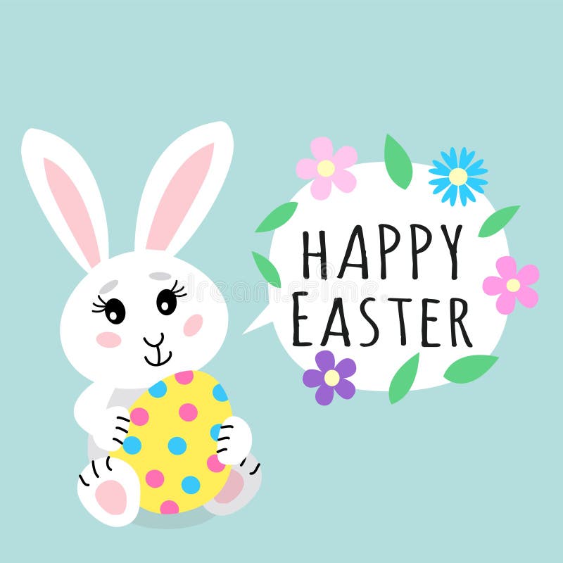 Tarjeta de felicitación de Pascua Conejito lindo del conejo que sostiene el huevo coloreado con los puntos con la burbuja del dis stock de ilustración Tarjeta de felicitación de Pascua Conejito lindo del conejo que sostiene el huevo coloreado con los puntos con la burbuja del dis stock de ilustración