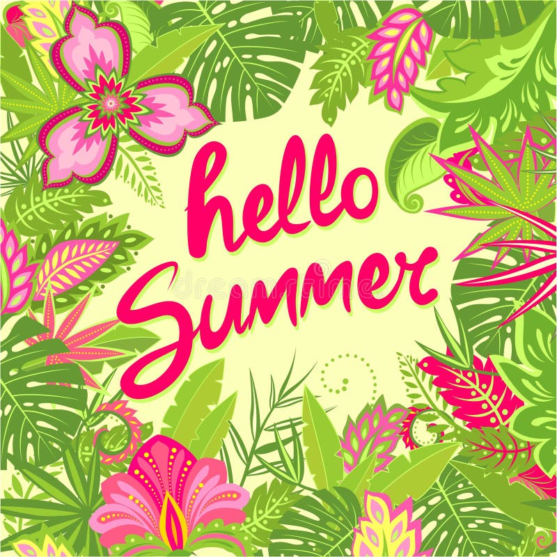 Tarjeta de felicitación veraniega con hola las letras del verano, las hojas tropicales y las flores exóticas para el bolso, camis stock de ilustración Tarjeta de felicitación veraniega con hola las letras del verano, las hojas tropicales y las flores exóticas para el bolso, camis stock de ilustración