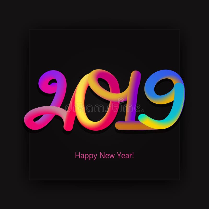 Tarjeta de la Feliz Año Nuevo 2019 con las figuras de neón coloridas en el CCB negro stock de ilustración Tarjeta de la Feliz Año Nuevo 2019 con las figuras de neón coloridas en el CCB negro stock de ilustración