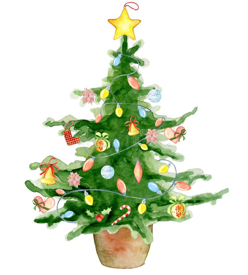Tarjeta de la Feliz Año Nuevo del árbol de la acuarela de la Feliz Navidad, carteles stock de ilustración Tarjeta de la Feliz Año Nuevo del árbol de la acuarela de la Feliz Navidad, carteles stock de ilustración