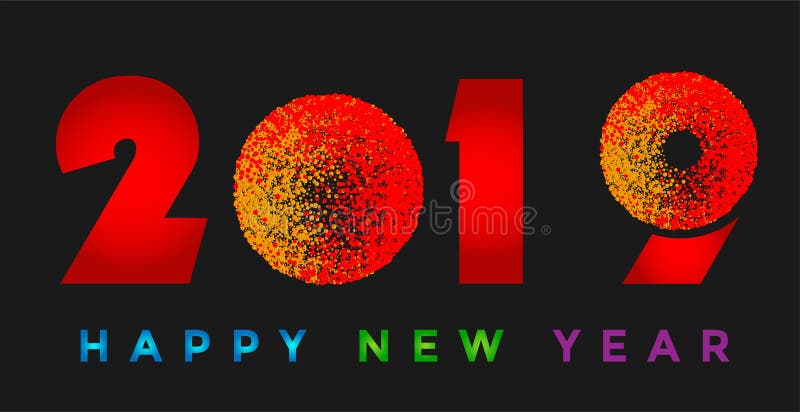 Tarjeta de la Feliz Año Nuevo 2019 e icono de saludo colorido del diseño del texto en fondo negro ilustración del vector Tarjeta de la Feliz Año Nuevo 2019 e icono de saludo colorido del diseño del texto en fondo negro ilustración del vector
