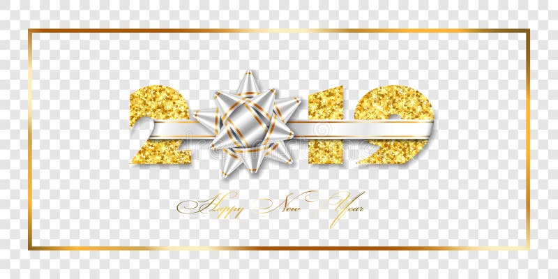 Tarjeta de la Feliz Año Nuevo el arco de plata de la cinta del regalo 3D, oro número 2019 aisló el fondo transparente blanco Text libre illustration
