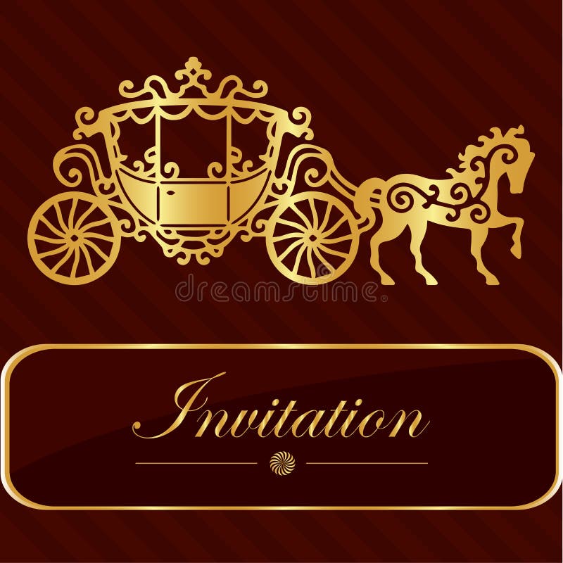 Tarjeta de la invitación con las letras de oro Diseño del carro del caballo del vintage Buena idea para la plantilla, invitación stock de ilustración Tarjeta de la invitación con las letras de oro Diseño del carro del caballo del vintage Buena idea para la plantilla, invitación stock de ilustración