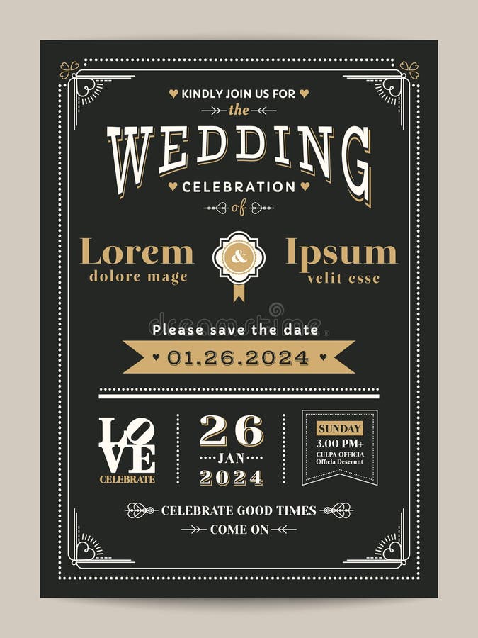 Tarjeta de la invitación de la boda del vintage con negro y color oro ilustración del vector Tarjeta de la invitación de la boda del vintage con negro y color oro ilustración del vector