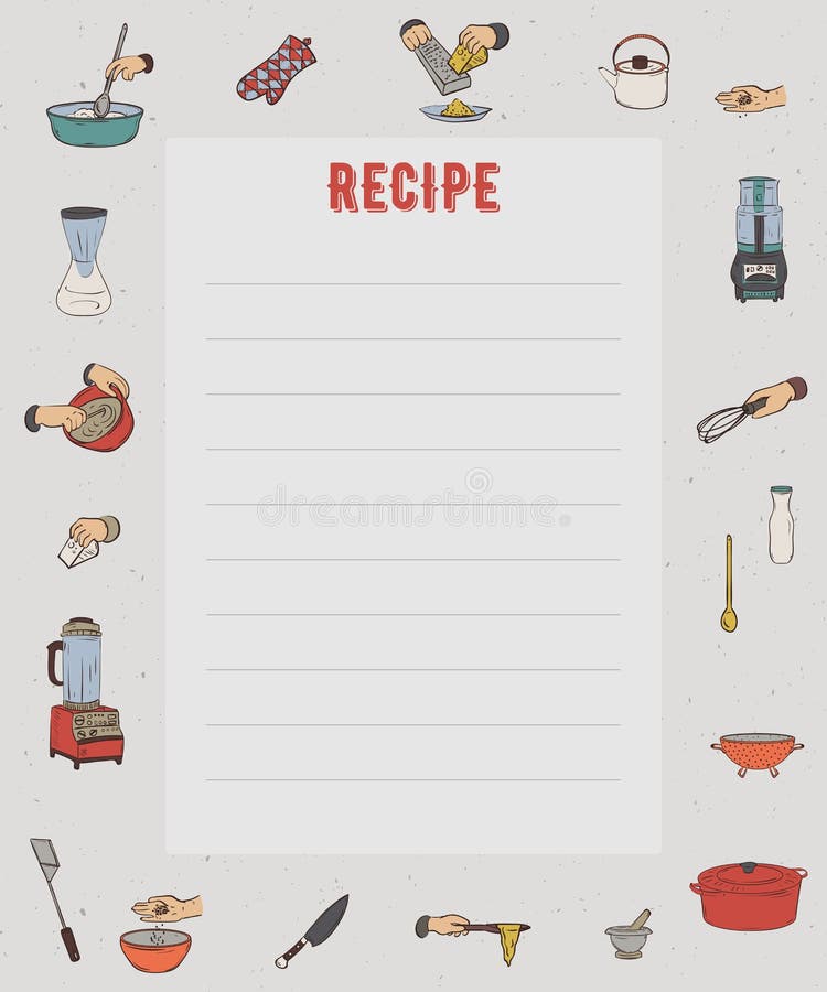 Tarjeta De La Receta. Cocina Nota En Blanco Ilustración Plantilla. Cocinar  El Bloc De Notas En La Mesa Con Utensilios De Cocina Y Verduras  Ilustraciones svg, vectoriales, clip art vectorizado libre de