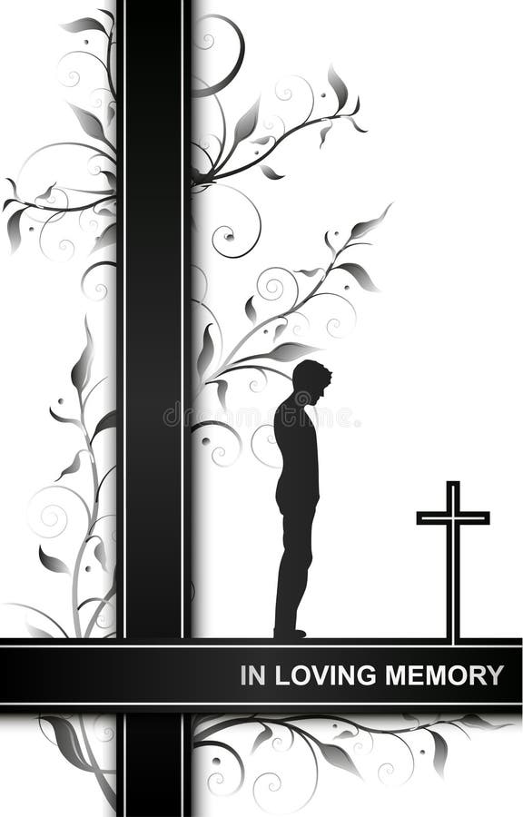 Mourning card in loving memory with a man on a cross and floral elements isolated on white background eps 10. Mourning card in loving memory with a man on a cross and floral elements isolated on white background eps 10