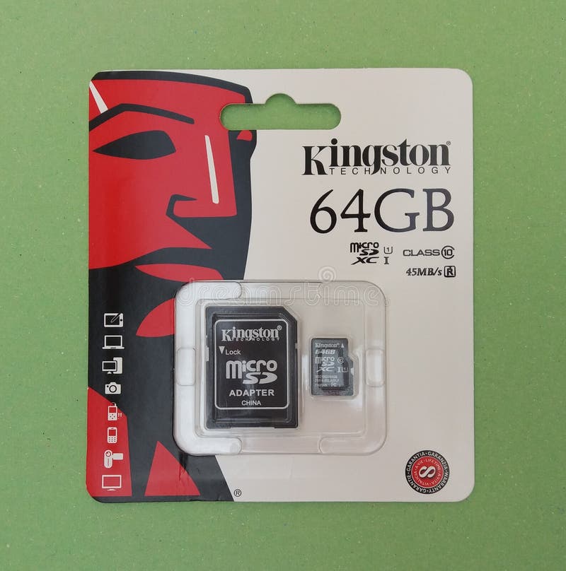 FOUNTAIN VALLEY, CALIFORNIA, UNITED STATES - CIRCA MAY 2016: Kingston technology 64 GB secure digital micro SD memory card for digital camera or mobile phone. FOUNTAIN VALLEY, CALIFORNIA, UNITED STATES - CIRCA MAY 2016: Kingston technology 64 GB secure digital micro SD memory card for digital camera or mobile phone