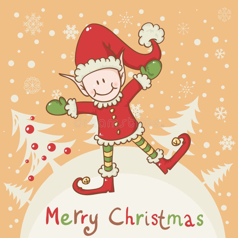 Tarjeta de Navidad con el pequeño ayudante de Santa del duende libre illustration Tarjeta de Navidad con el pequeño ayudante de Santa del duende libre illustration