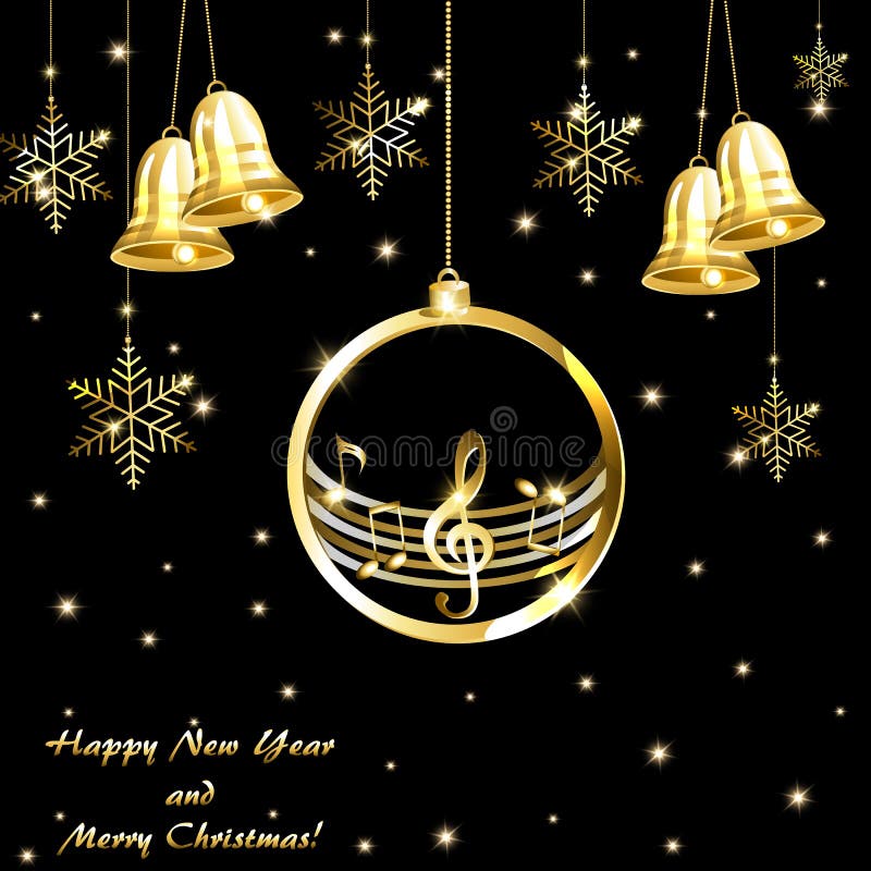 Tarjeta de Navidad con las notas musicales y las campanas de oro del oro stock de ilustración Tarjeta de Navidad con las notas musicales y las campanas de oro del oro stock de ilustración