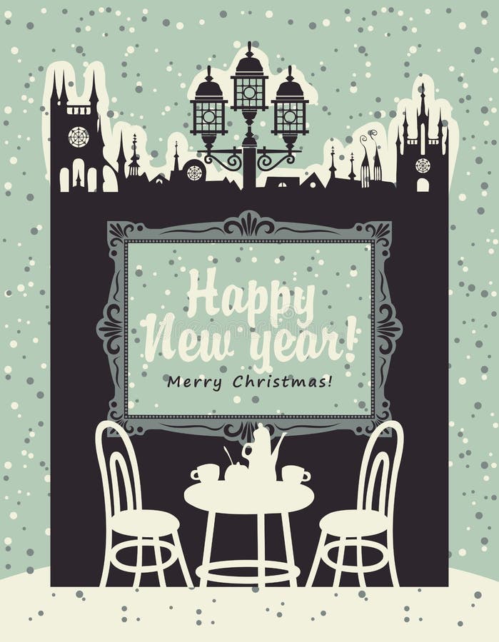 Tarjeta de Navidad con un interior de un café libre illustration Tarjeta de Navidad con un interior de un café libre illustration