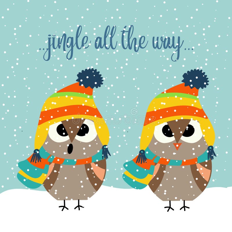Cute Christmas card with owls singing carols. Christmas poster. Vector. Cute Christmas card with owls singing carols. Christmas poster. Vector