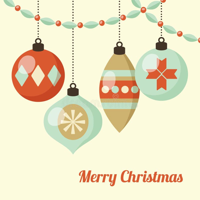 Tarjeta de Navidad retra con las bolas de la Navidad de la ejecución, ornamentos Fondo del ejemplo del vector, diseño plano libre illustration Tarjeta de Navidad retra con las bolas de la Navidad de la ejecución, ornamentos Fondo del ejemplo del vector, diseño plano libre illustration