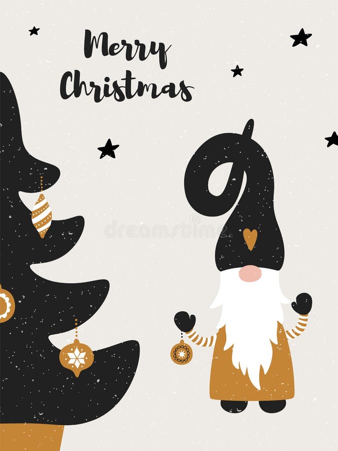 Tarjeta de saludo con un lindo gnomo escandinavo, árbol de Navidad y texto de saludo Feliz Navidad libre illustration Tarjeta de saludo con un lindo gnomo escandinavo, árbol de Navidad y texto de saludo Feliz Navidad libre illustration