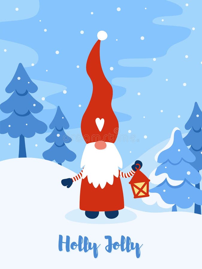Tarjeta de saludo con un lindo gnomo escandinavo, árbol de Navidad y texto de saludo Holly Jolly libre illustration Tarjeta de saludo con un lindo gnomo escandinavo, árbol de Navidad y texto de saludo Holly Jolly libre illustration