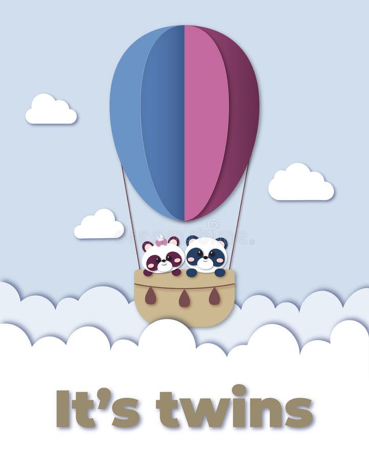 Panda bear boy and girl twins on hot air balloon. Paper cut art style Illustration of It&#x27;s a baby boy arrival announcement card, invitation or greeting card concept. Panda bear boy and girl twins on hot air balloon. Paper cut art style Illustration of It&#x27;s a baby boy arrival announcement card, invitation or greeting card concept.