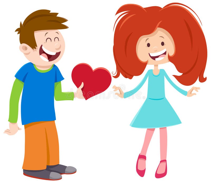 Tarjeta de San Valentín con niño y chica cómica stock de ilustración Tarjeta de San Valentín con niño y chica cómica stock de ilustración