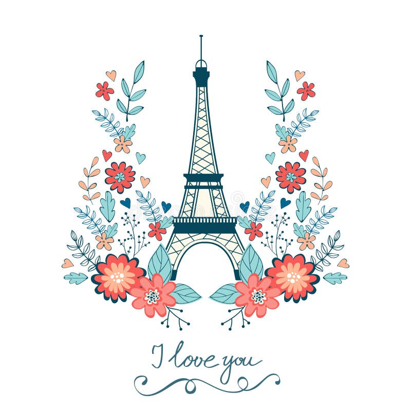 Tarjeta del amor del concepto con la torre Eiffel y floral