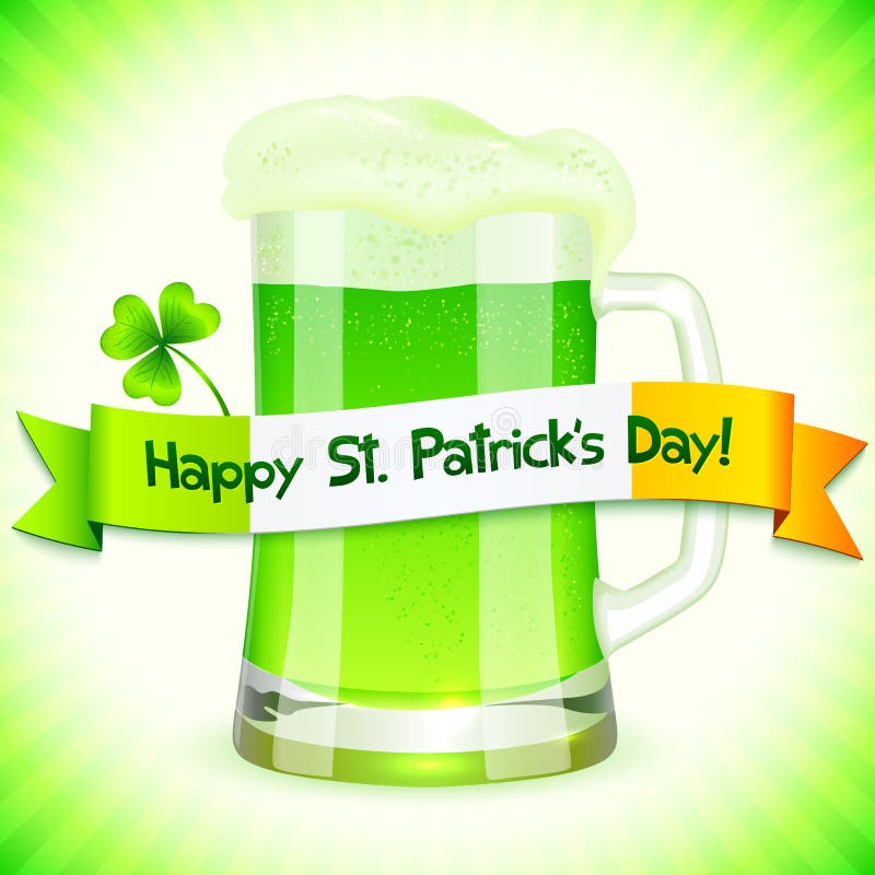 Green Saint Patrick's Day greeting card with pint of green beer. Green Saint Patrick's Day greeting card with pint of green beer