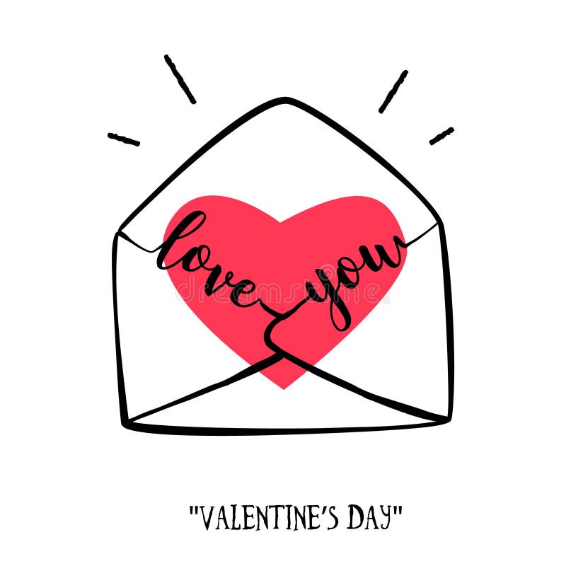 Tarjeta del día del ` s de la tarjeta del día de San Valentín en estilo del garabato Sobre a mano con el corazón y las letras ilustración del vector Tarjeta del día del ` s de la tarjeta del día de San Valentín en estilo del garabato Sobre a mano con el corazón y las letras ilustración del vector