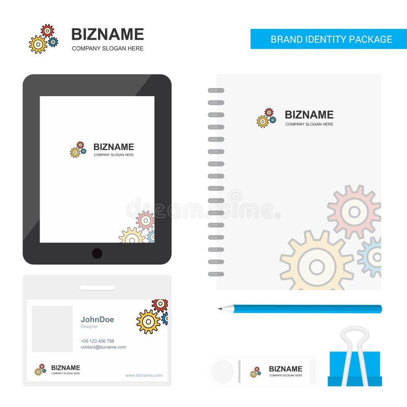 Tarjeta del empleado del PVC del logotipo, de Tab App, del diario del negocio del ajuste del engranaje y plantilla inmóvil del ve stock de ilustración Tarjeta del empleado del PVC del logotipo, de Tab App, del diario del negocio del ajuste del engranaje y plantilla inmóvil del ve stock de ilustración