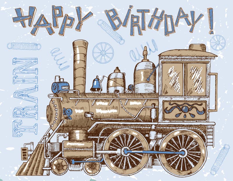 Tarjeta del feliz cumpleaños con la locomotora vieja en azul stock de ilustración Tarjeta del feliz cumpleaños con la locomotora vieja en azul stock de ilustración