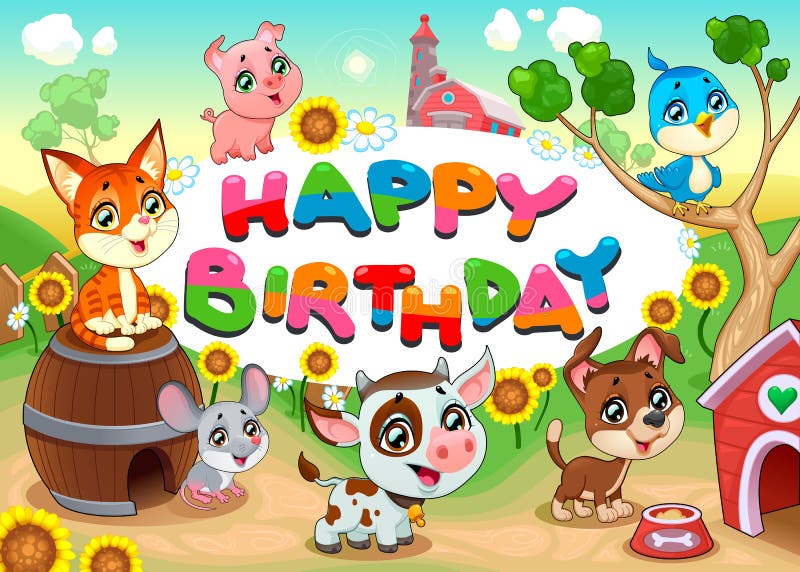 Tarjeta del feliz cumpleaños con los animales del campo libre illustration Tarjeta del feliz cumpleaños con los animales del campo libre illustration