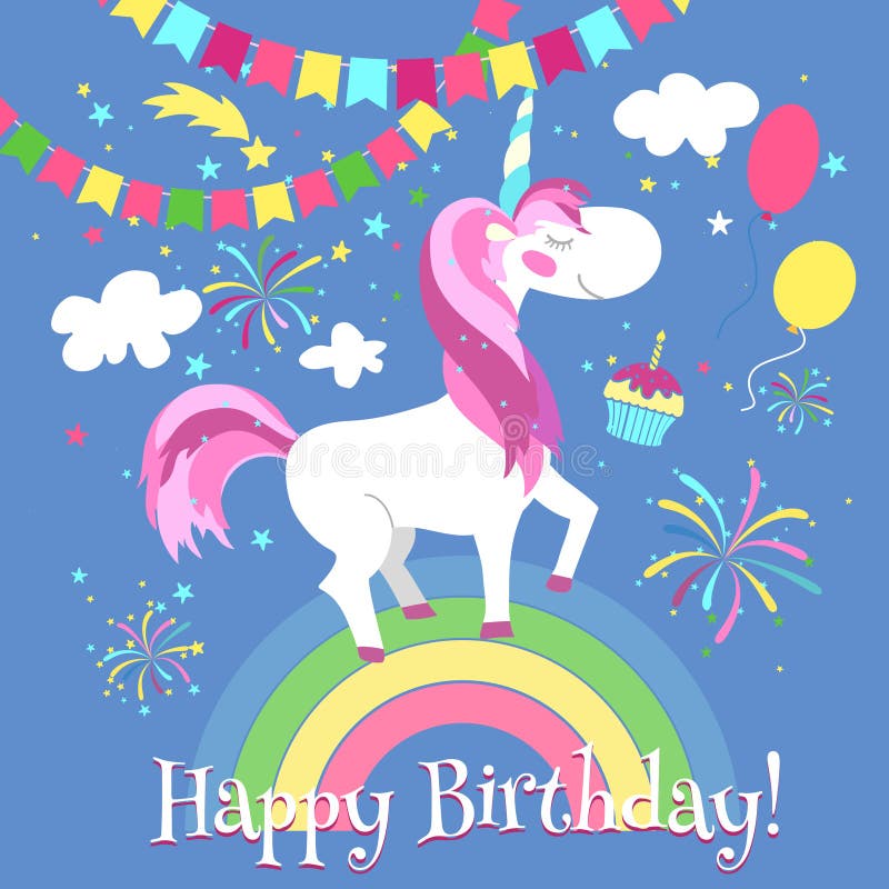 Tarjeta del feliz cumpleaños con unicornio lindo Modelo del vector stock de ilustración Tarjeta del feliz cumpleaños con unicornio lindo Modelo del vector stock de ilustración