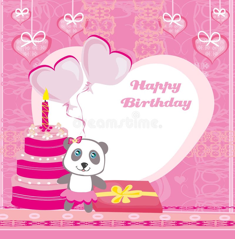 Tarjeta del feliz cumpleaños - panda linda con los globos, la torta y el regalo stock de ilustración Tarjeta del feliz cumpleaños - panda linda con los globos, la torta y el regalo stock de ilustración