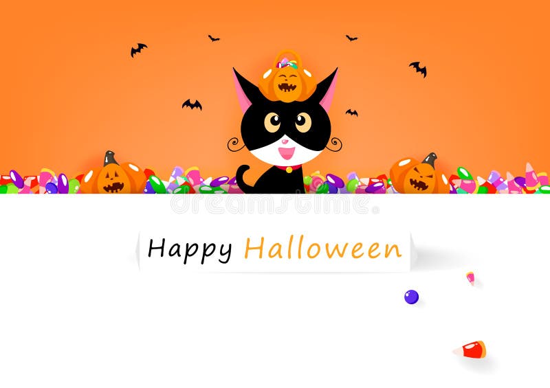 Tarjeta del feliz Halloween, gato y caramelo dulce con la calabaza linda, vacaciones de la celebración, cartel de la invitación d stock de ilustración Tarjeta del feliz Halloween, gato y caramelo dulce con la calabaza linda, vacaciones de la celebración, cartel de la invitación d stock de ilustración