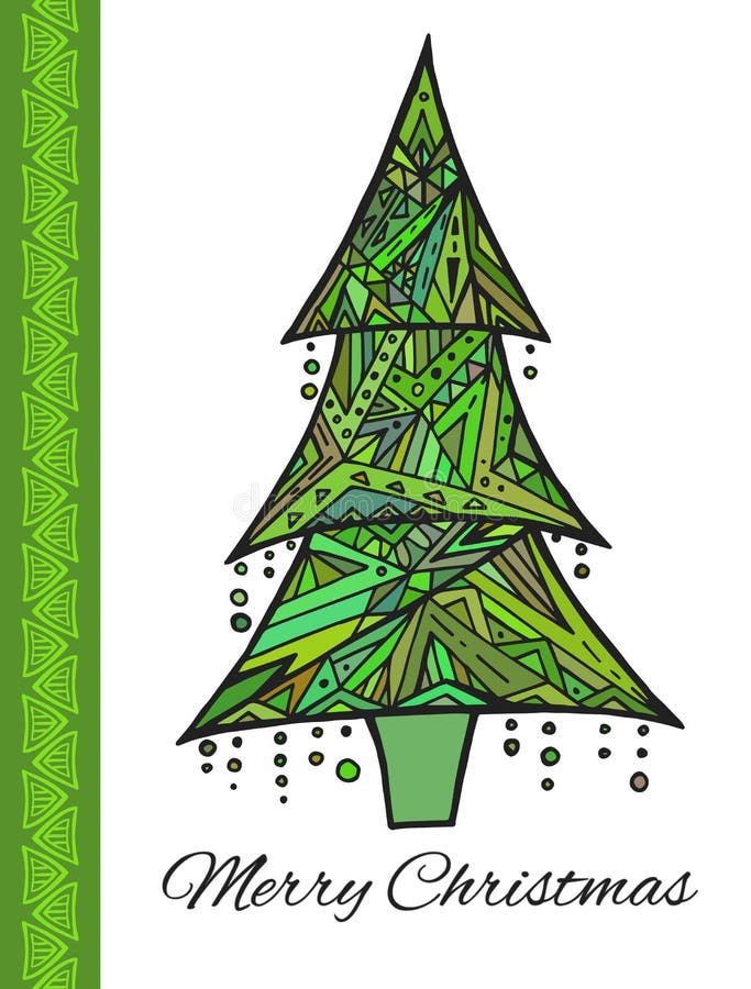 Tarjeta del garabato con el árbol de navidad verde y saludos ilustración del vector Tarjeta del garabato con el árbol de navidad verde y saludos ilustración del vector