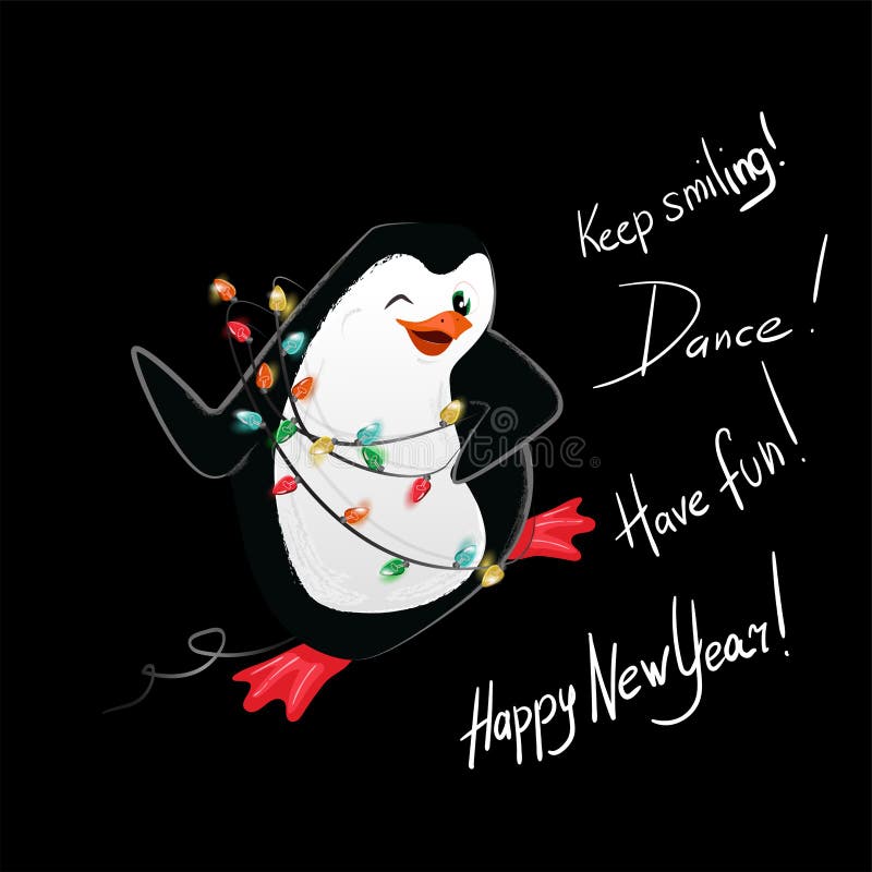 Tarjeta del vector de la danza del pingüino de la Feliz Año Nuevo stock de ilustración Tarjeta del vector de la danza del pingüino de la Feliz Año Nuevo stock de ilustración