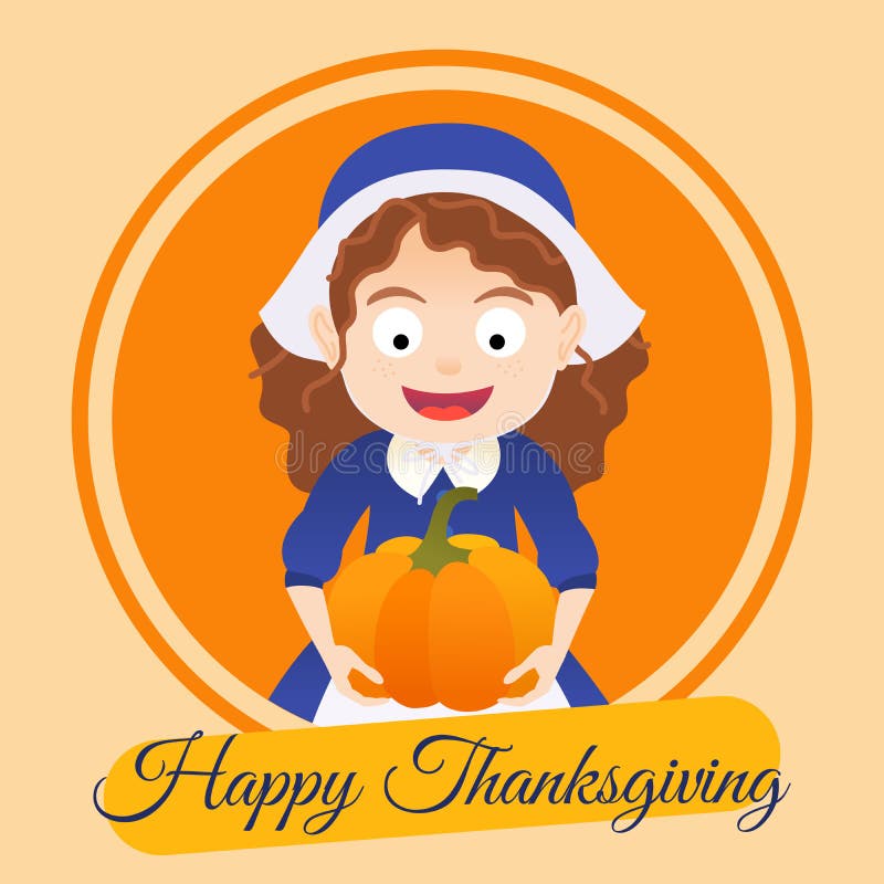 Tarjeta del vector de la historieta de la acción de gracias con la muchacha del peregrino con la calabaza libre illustration Tarjeta del vector de la historieta de la acción de gracias con la muchacha del peregrino con la calabaza libre illustration