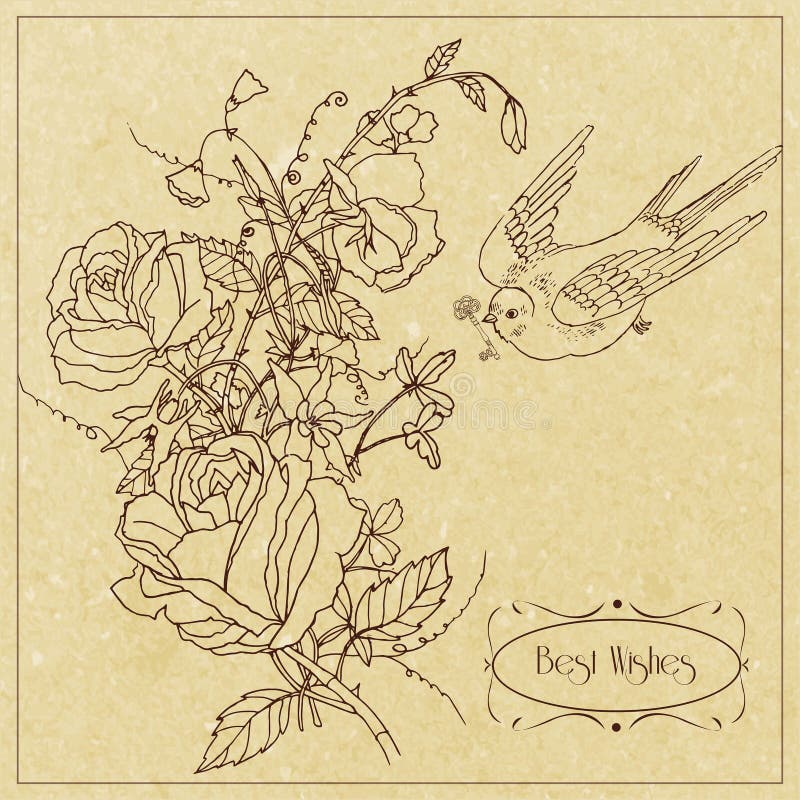 Tarjeta del vintage del pájaro y de las flores ilustración del vector Tarjeta del vintage del pájaro y de las flores ilustración del vector