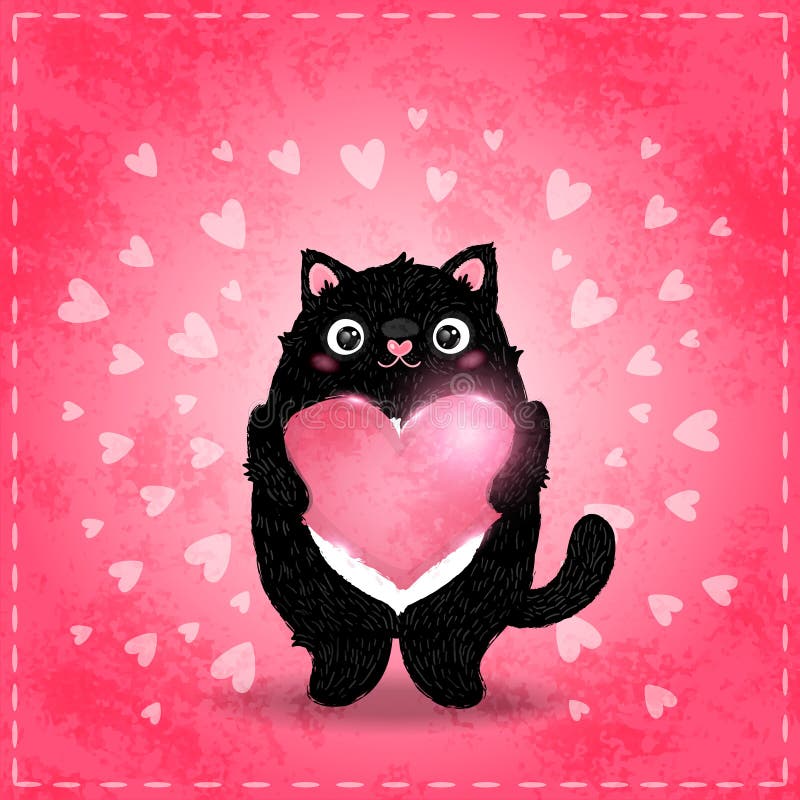 Tarjeta feliz del día de tarjetas del día de San Valentín con el gato y el corazón