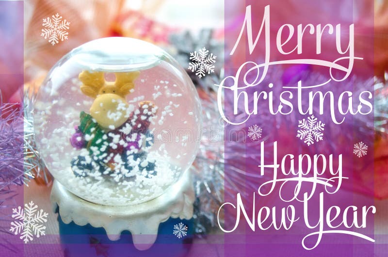 Merry Christmas and Happy New Year festive card with snow globe and Christmas-tree tinsel. Snow glass ball with moose toy. Colorful Christmas poster. Holiday greeting card. Cover, wrapper. Merry Christmas and Happy New Year festive card with snow globe and Christmas-tree tinsel. Snow glass ball with moose toy. Colorful Christmas poster. Holiday greeting card. Cover, wrapper.