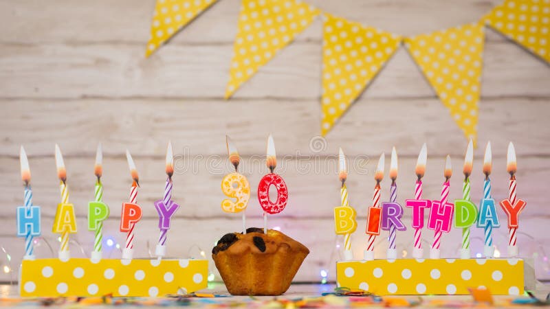 Festive card Happy Birthday with number of burning candles. Beautiful background copy space, happy birthday with digit number 90. Festive card Happy Birthday with number of burning candles. Beautiful background copy space, happy birthday with digit number 90