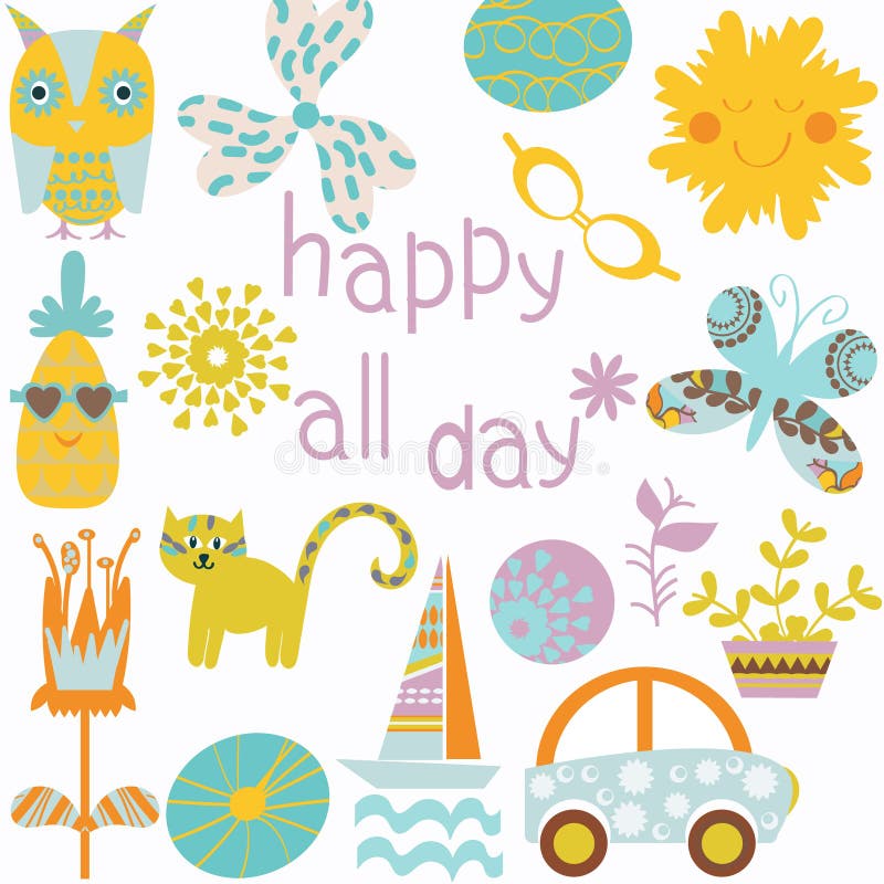 Tarjeta floral con el gato, la mariposa y el búho y con la inscripción feliz todo el día Fondo lindo stock de ilustración Tarjeta floral con el gato, la mariposa y el búho y con la inscripción feliz todo el día Fondo lindo stock de ilustración
