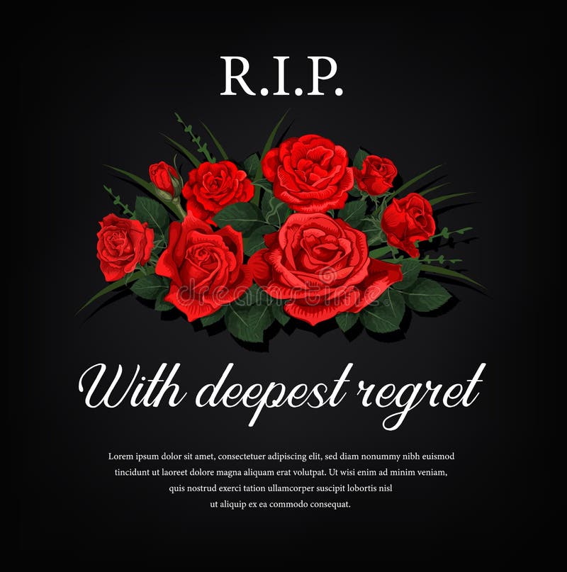 Funeral card with red roses flowers and condolence. Funerary poster, memorial engraving for black gravestone plaque with flowers and typography. Sepulchral plate, obituary condolence banner. Funeral card with red roses flowers and condolence. Funerary poster, memorial engraving for black gravestone plaque with flowers and typography. Sepulchral plate, obituary condolence banner